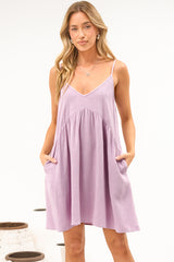 Romy Mini Dress - V Neck Spaghetti Strap Empire Waist Dress with Pockets in Lilac