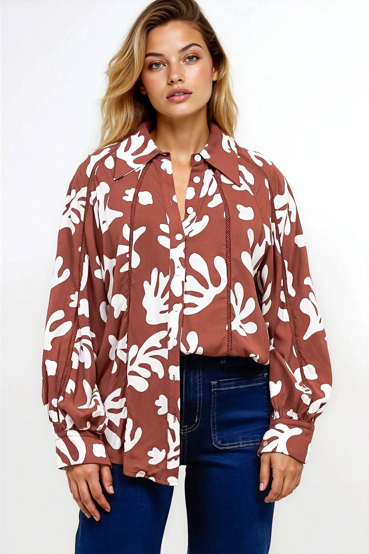 Romy Shirt - Collared Button Down with Long Sleeves in Stassie Print Brown