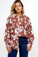 Romy Shirt - Collared Button Down with Long Sleeves in Stassie Print Brown