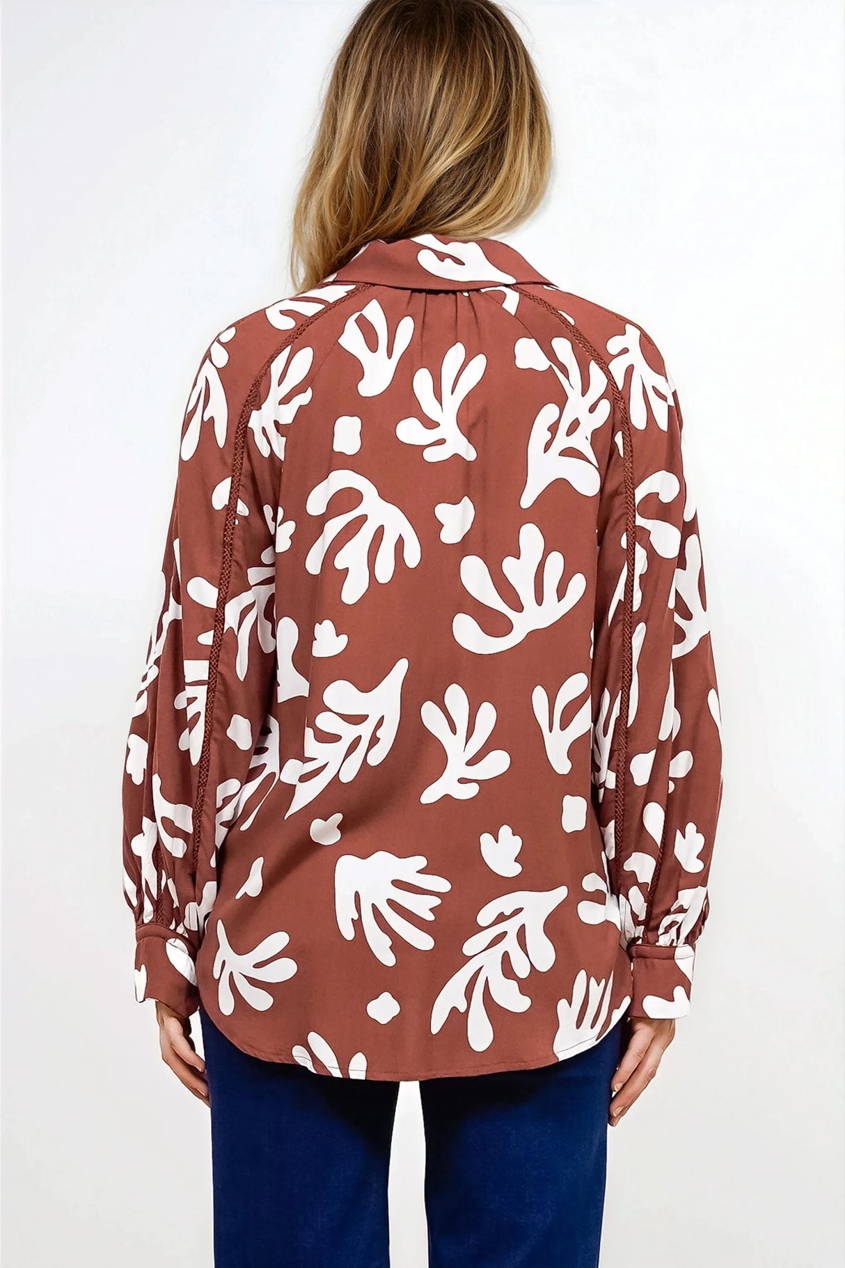 Romy Shirt - Collared Button Down with Long Sleeves in Stassie Print Brown