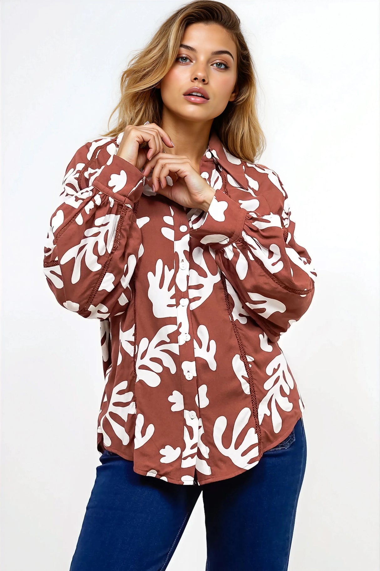 Romy Shirt - Collared Button Down with Long Sleeves in Stassie Print Brown