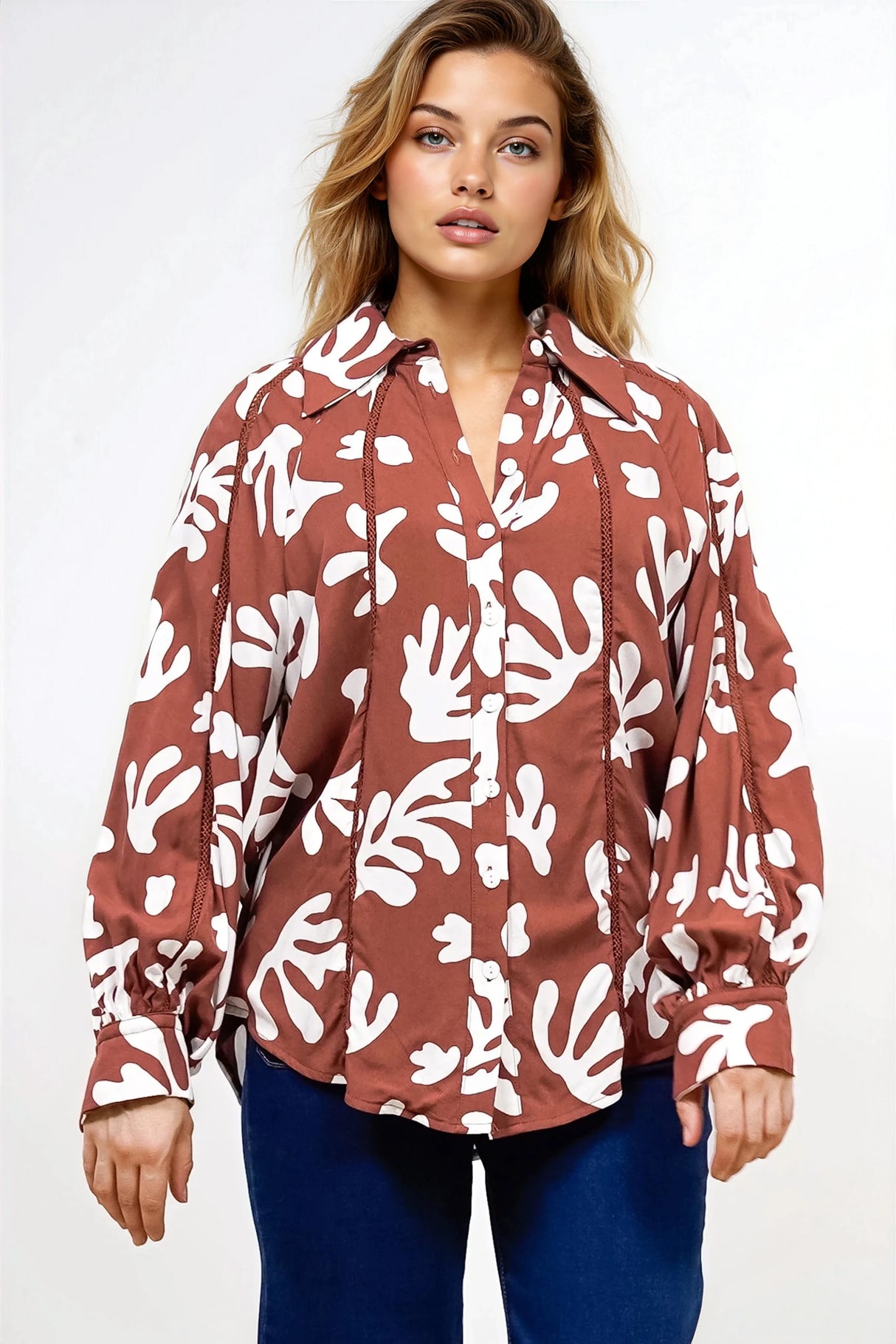 Romy Shirt - Collared Button Down with Long Sleeves in Stassie Print Brown