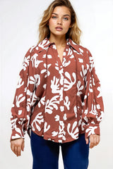 Romy Shirt - Collared Button Down with Long Sleeves in Stassie Print Brown