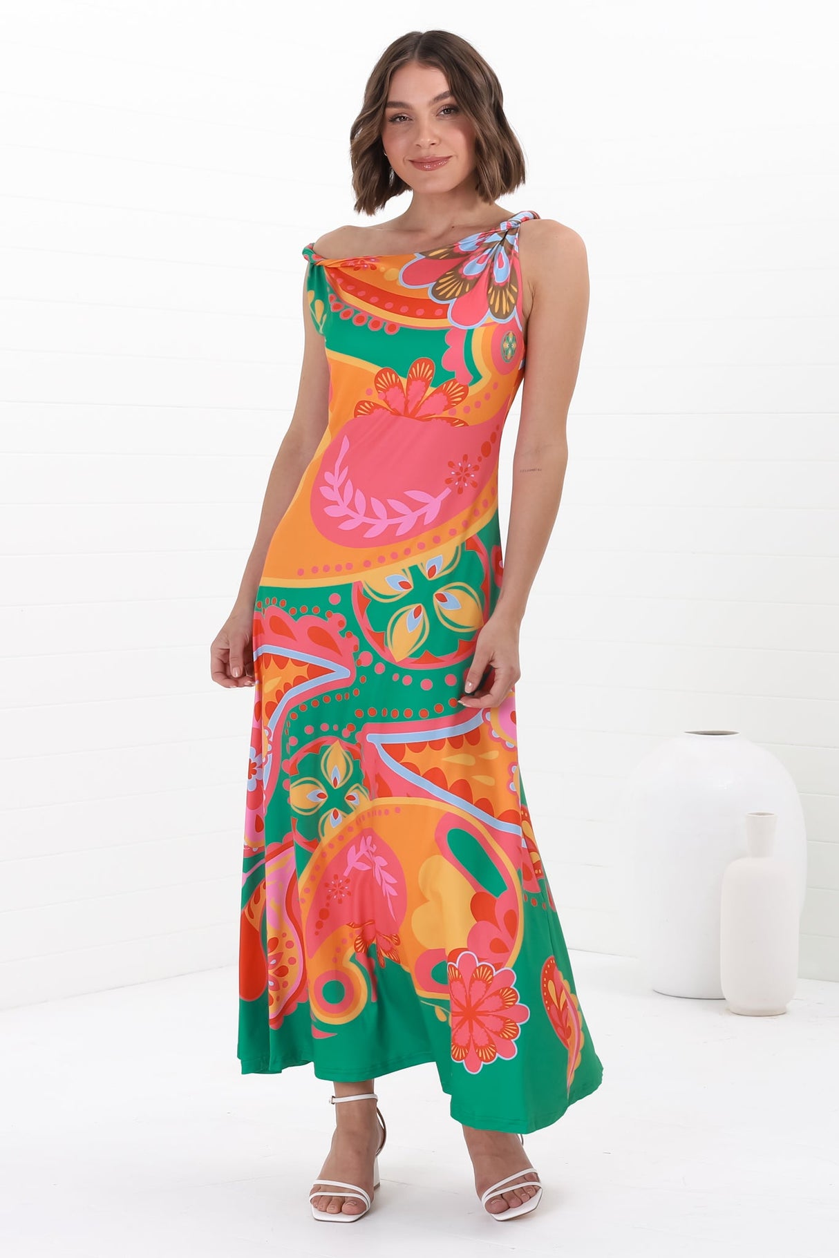 Rosalia Maxi Dress - Asymmetric Neckline Twist Sleeve A-Line Dress in Andrina Print