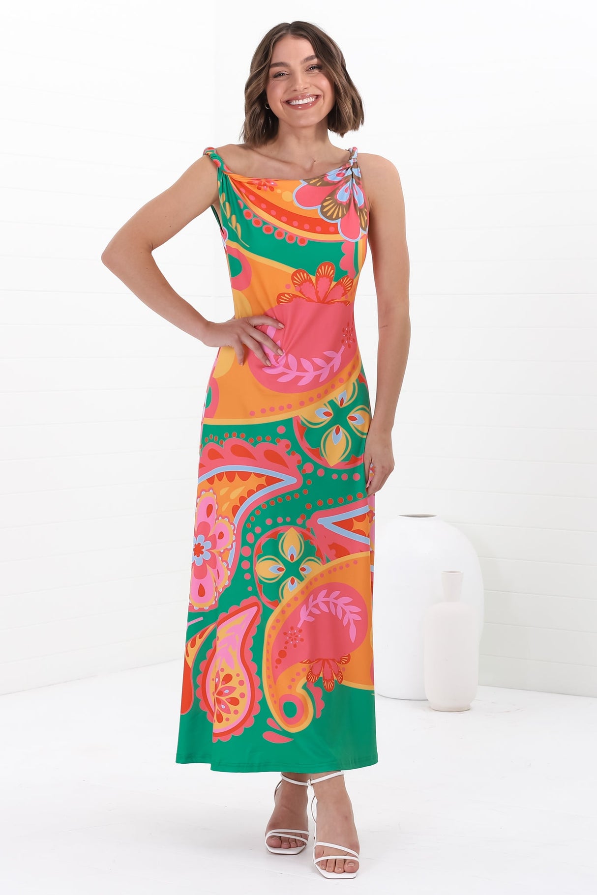 Rosalia Maxi Dress - Asymmetric Neckline Twist Sleeve A-Line Dress in Andrina Print