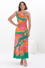 Rosalia Maxi Dress - Asymmetric Neckline Twist Sleeve A-Line Dress in Andrina Print