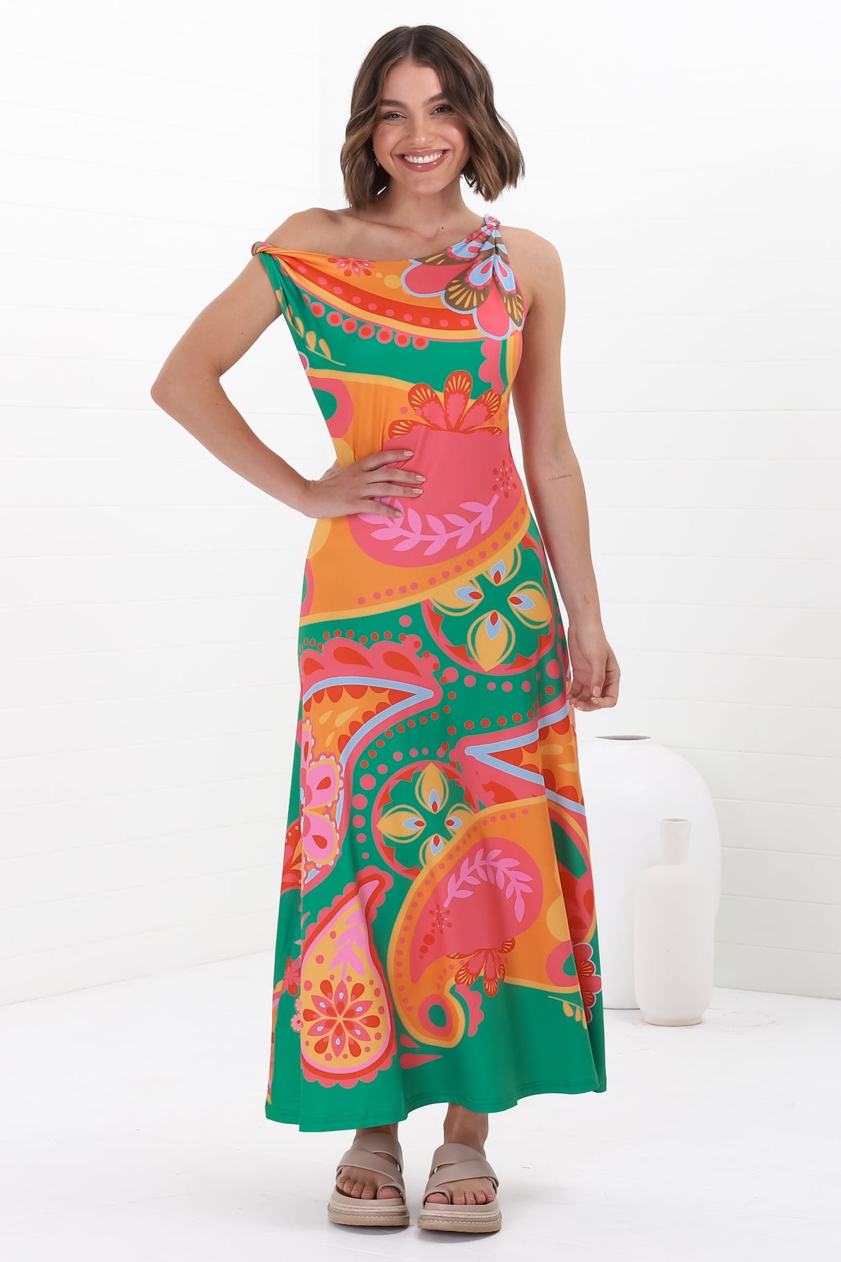 Rosalia Maxi Dress - Asymmetric Neckline Twist Sleeve A-Line Dress in Andrina Print