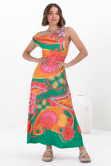 Rosalia Maxi Dress - Asymmetric Neckline Twist Sleeve A-Line Dress in Andrina Print