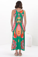 Rosalia Maxi Dress - Asymmetric Neckline Twist Sleeve A-Line Dress in Andrina Print