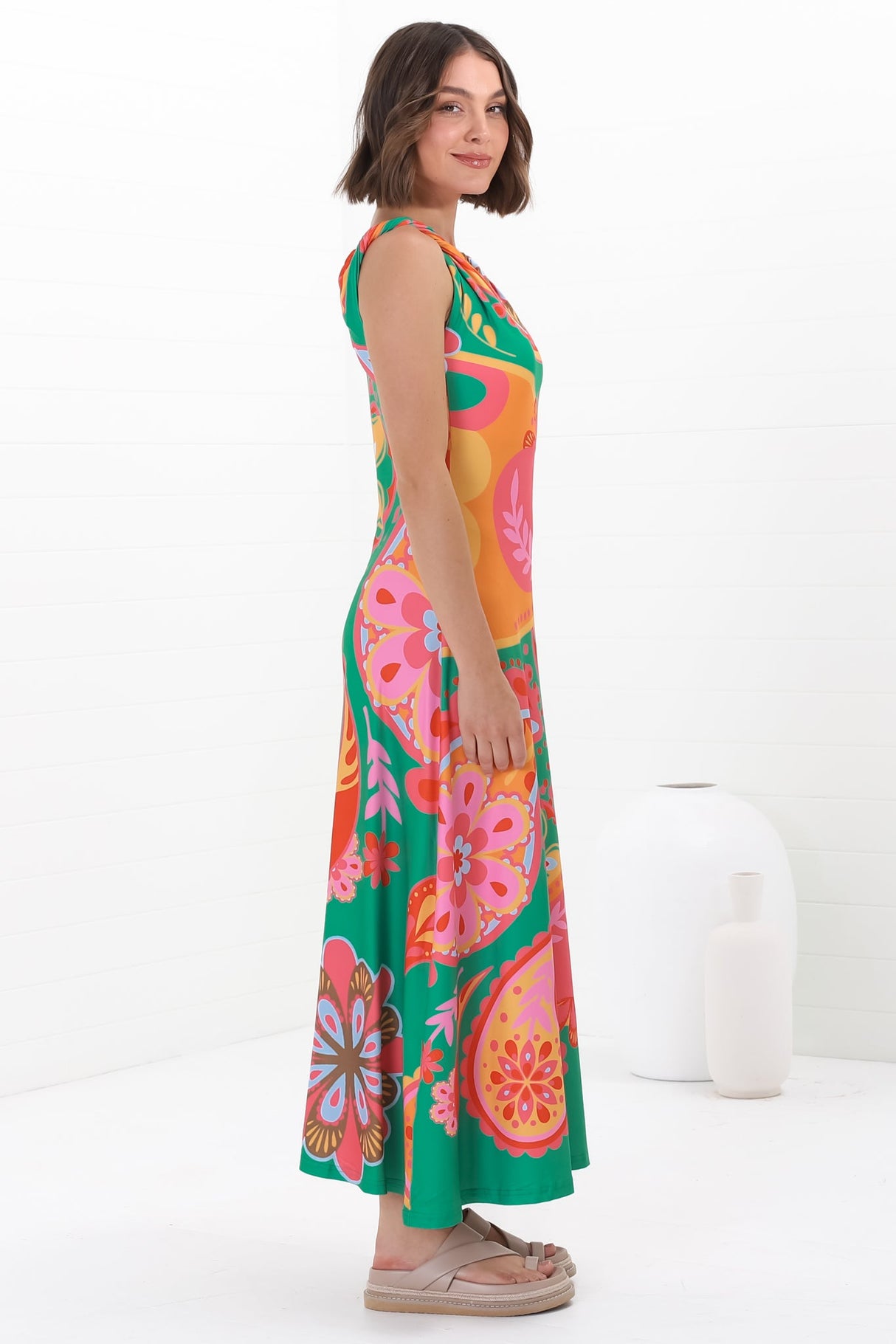 Rosalia Maxi Dress - Asymmetric Neckline Twist Sleeve A-Line Dress in Andrina Print