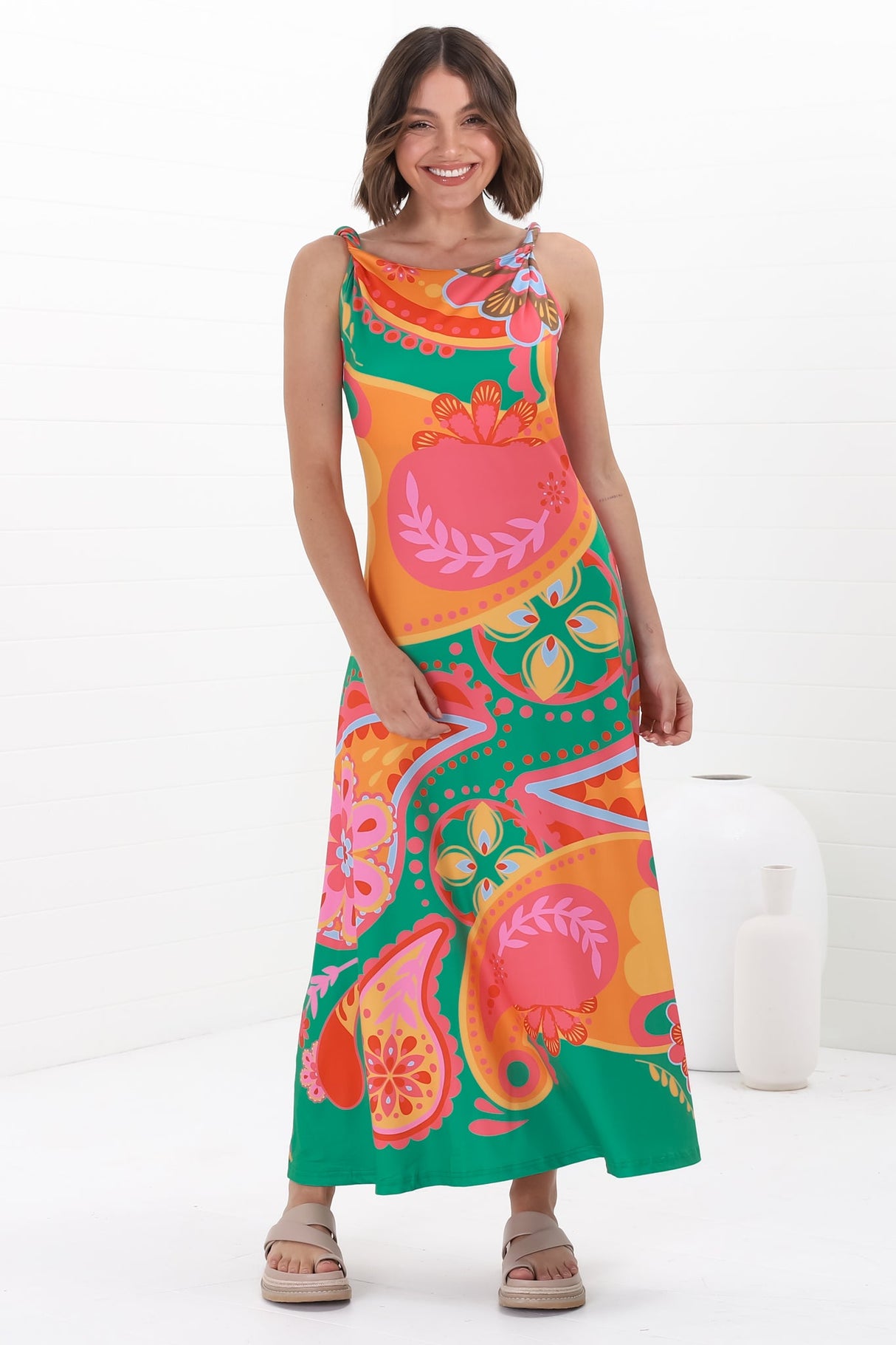 Rosalia Maxi Dress - Asymmetric Neckline Twist Sleeve A-Line Dress in Andrina Print