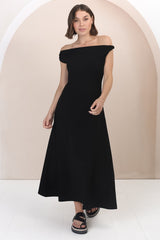 Rosalia Maxi Dress - Asymmetric Neckline Twist Sleeve A-Line Dress in Black