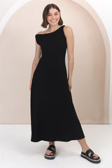 Rosalia Maxi Dress - Asymmetric Neckline Twist Sleeve A-Line Dress in Black