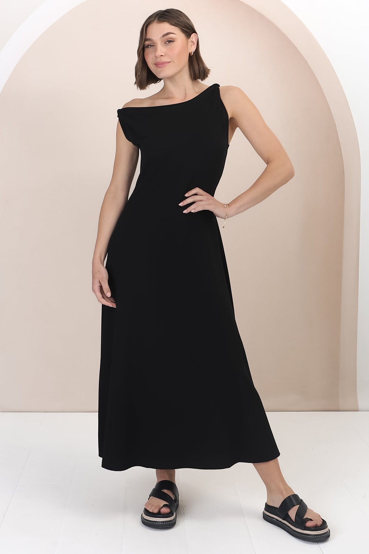 Rosalia Maxi Dress - Asymmetric Neckline Twist Sleeve A-Line Dress in Black