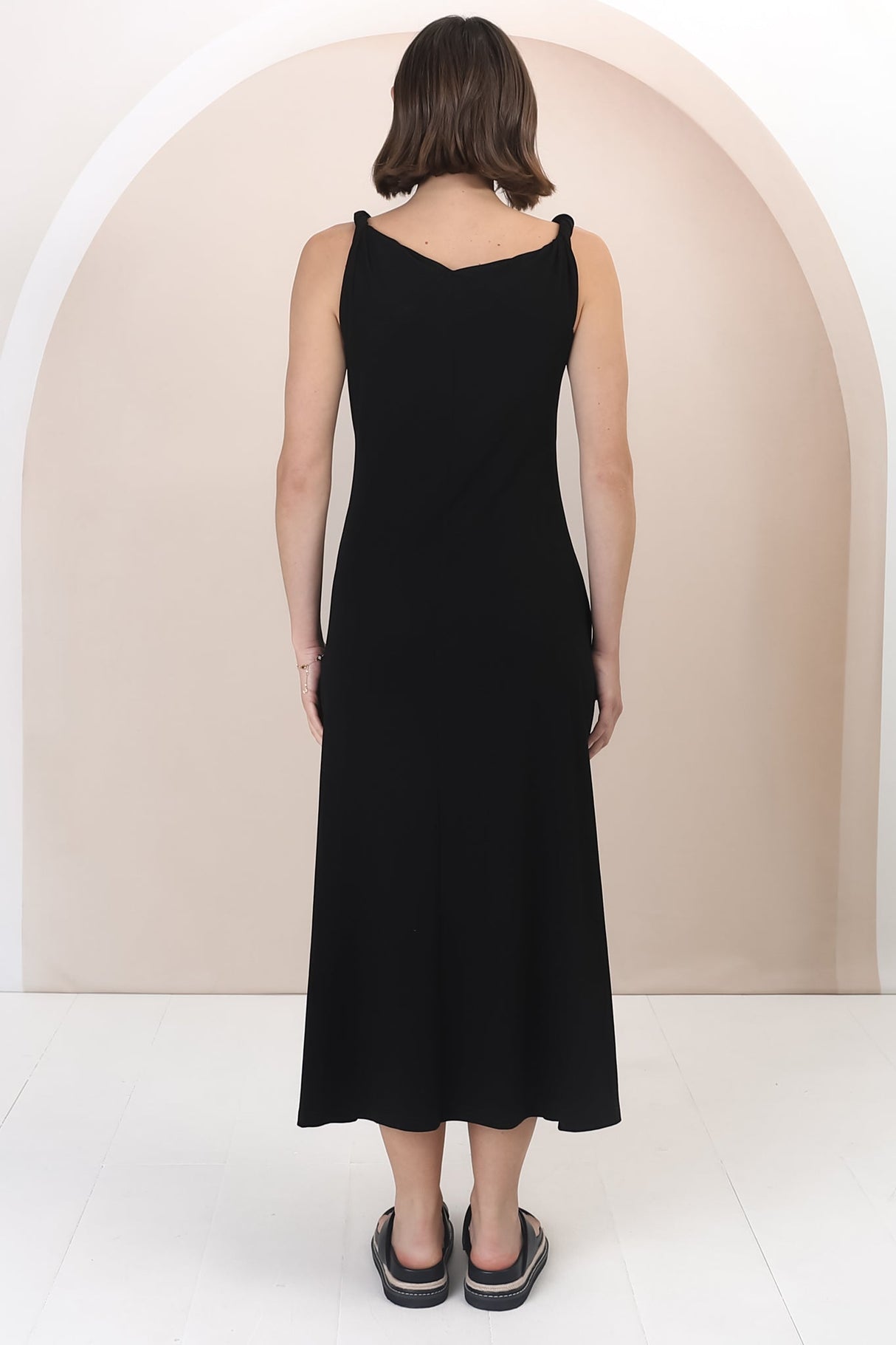 Rosalia Maxi Dress - Asymmetric Neckline Twist Sleeve A-Line Dress in Black