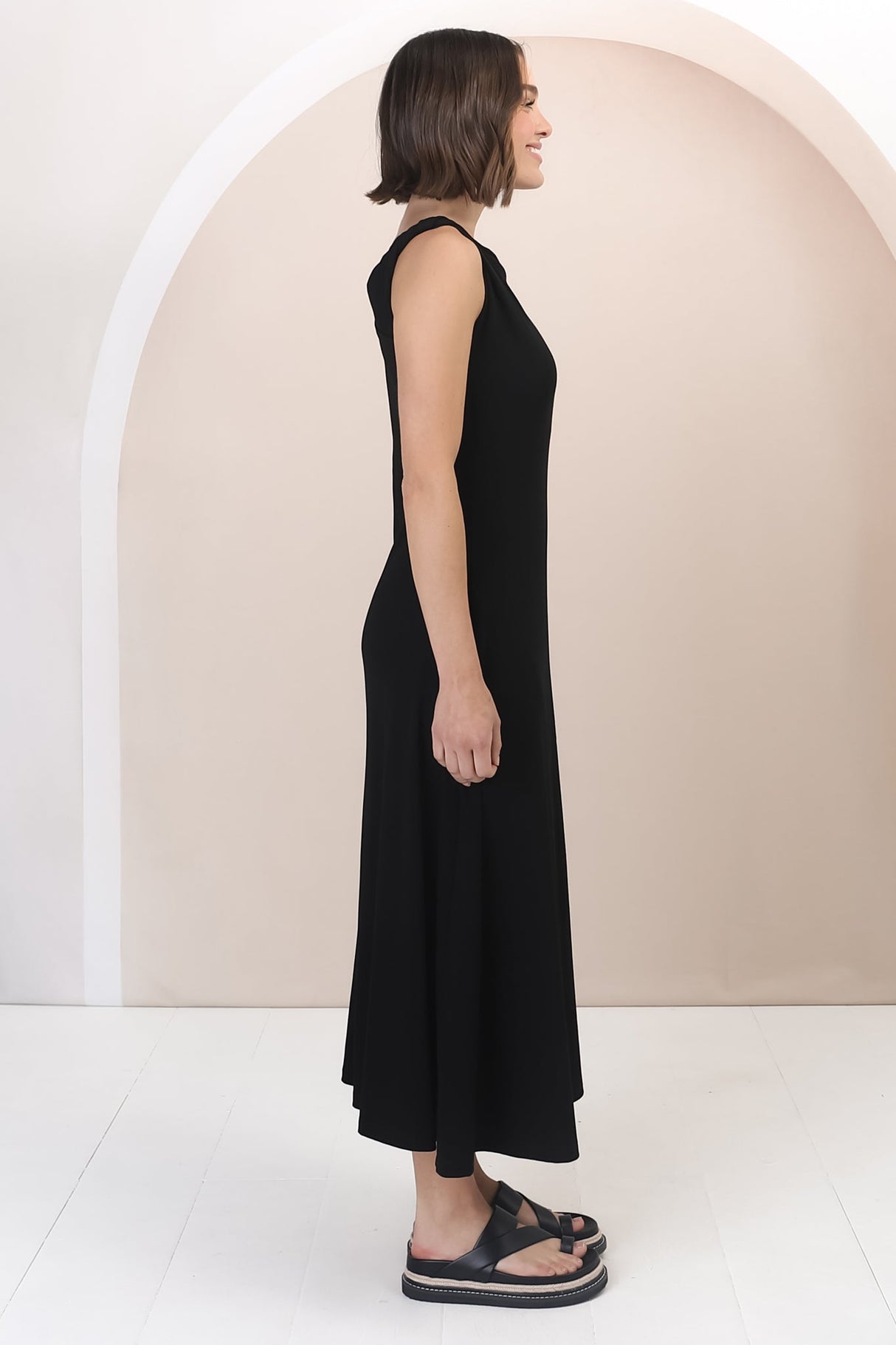 Rosalia Maxi Dress - Asymmetric Neckline Twist Sleeve A-Line Dress in Black