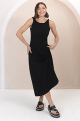 Rosalia Maxi Dress - Asymmetric Neckline Twist Sleeve A-Line Dress in Black