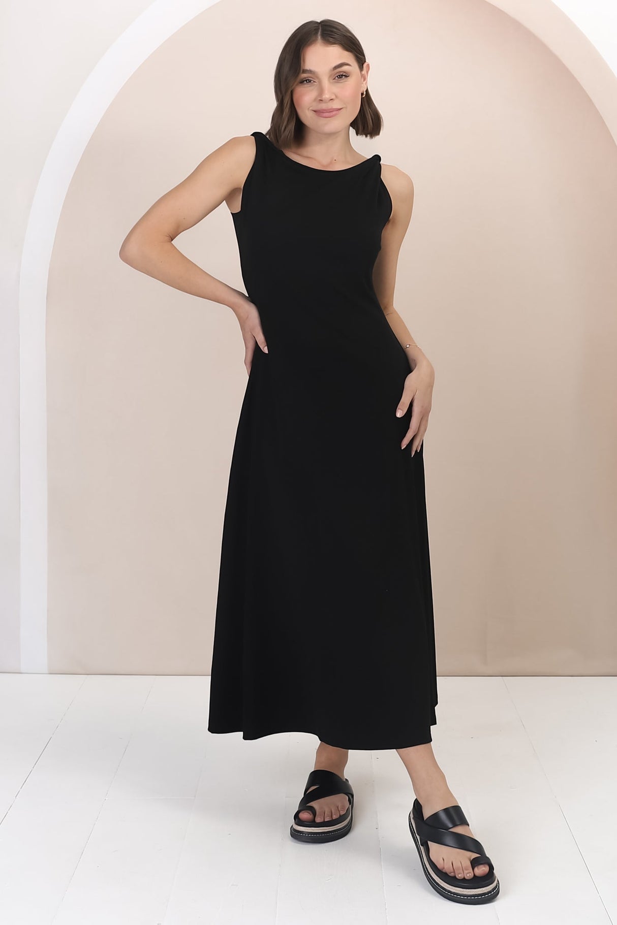 Rosalia Maxi Dress - Asymmetric Neckline Twist Sleeve A-Line Dress in Black