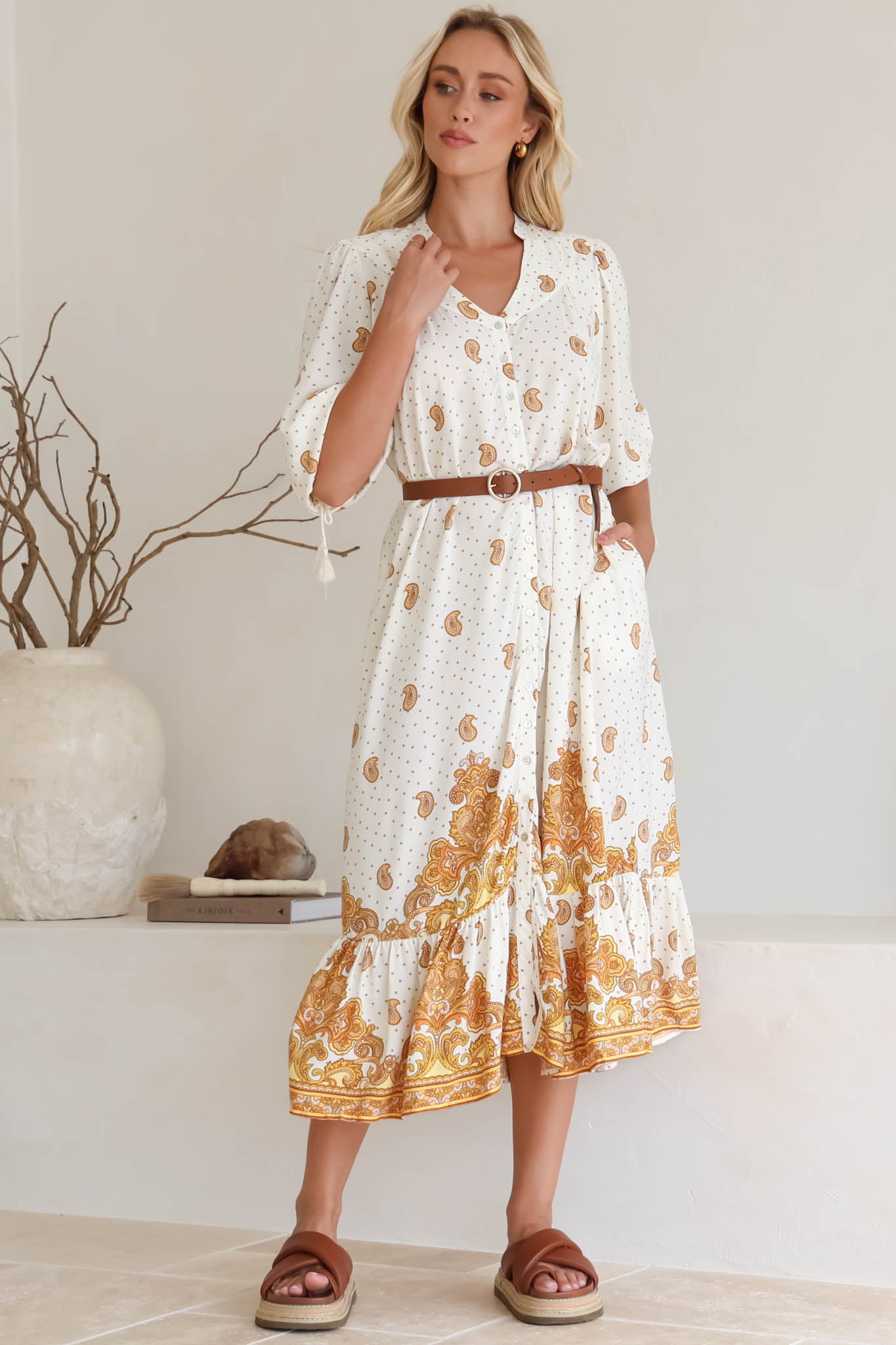 Rosalie Maxi Dress Mandarin Collar Button Down Dress Sundown Print
