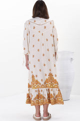 JAASE - Rosalie Maxi Dress: Mandarin Collar Button Down Dress in Sundown Print