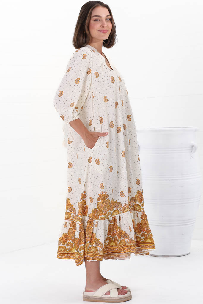 JAASE - Rosalie Maxi Dress: Mandarin Collar Button Down Dress in Sundown Print