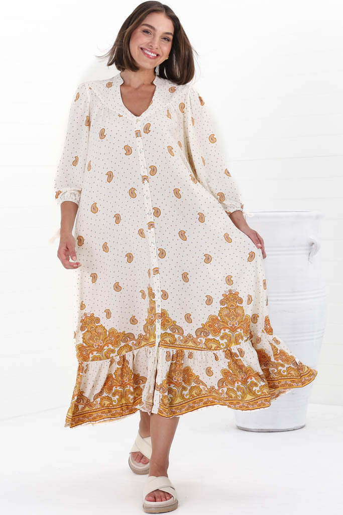 JAASE - Rosalie Maxi Dress: Mandarin Collar Button Down Dress in Sundown Print