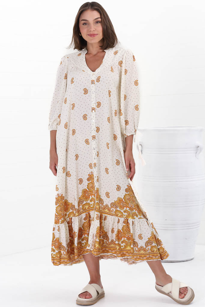 JAASE - Rosalie Maxi Dress: Mandarin Collar Button Down Dress in Sundown Print