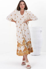 JAASE - Rosalie Maxi Dress: Mandarin Collar Button Down Dress in Sundown Print