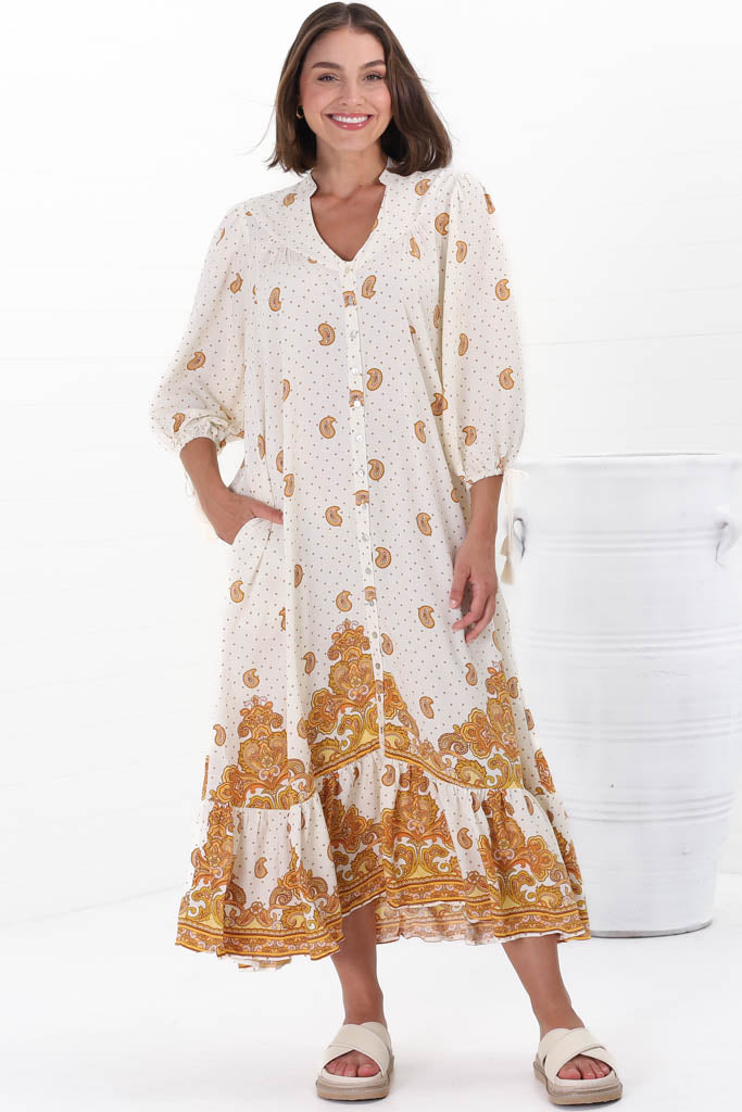 JAASE - Rosalie Maxi Dress: Mandarin Collar Button Down Dress in Sundown Print