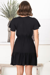 Malila Mini Dress - V Neck Pull Tie Waist Dress with Cap Sleeves in Black