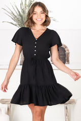 Malila Mini Dress - V Neck Pull Tie Waist Dress with Cap Sleeves in Black