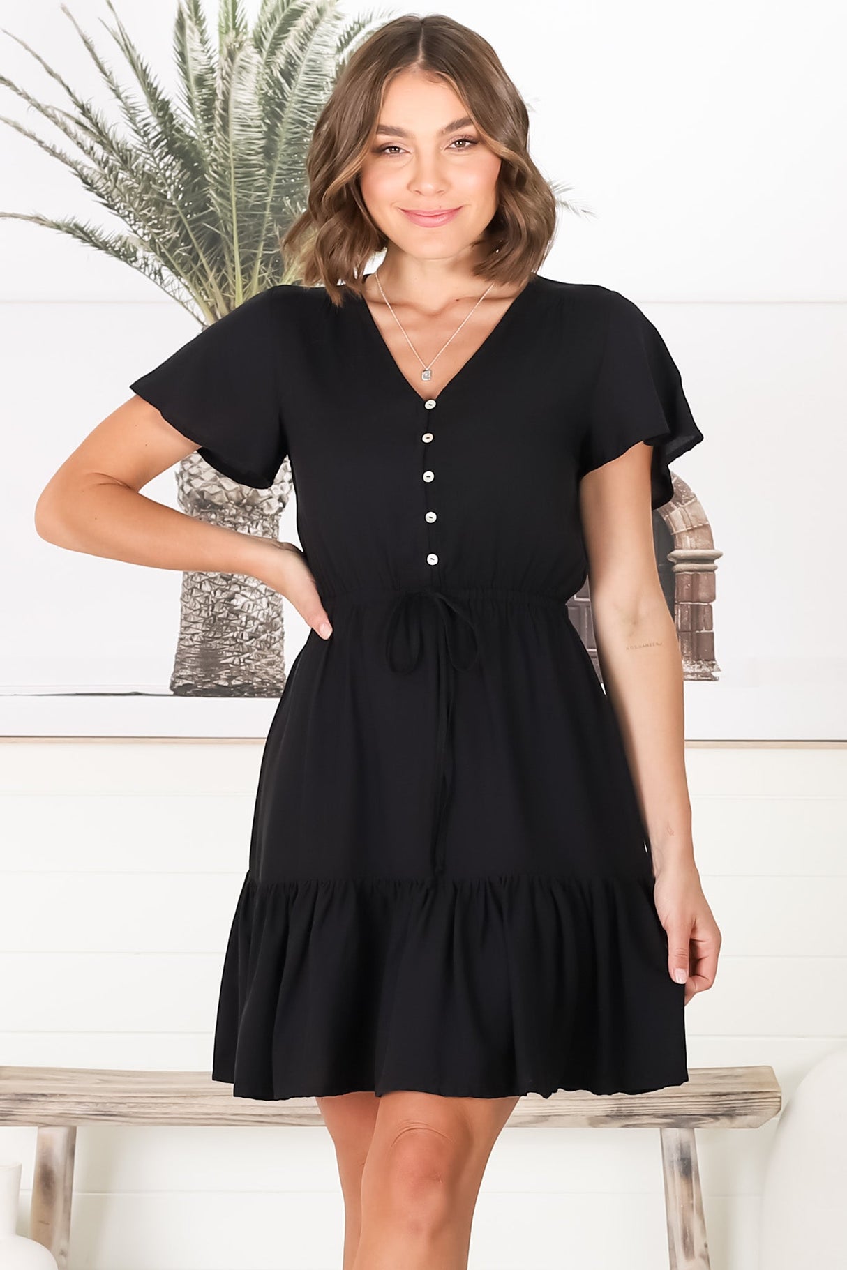 Malila Mini Dress - V Neck Pull Tie Waist Dress with Cap Sleeves in Black