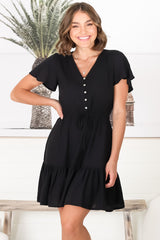 Malila Mini Dress - V Neck Pull Tie Waist Dress with Cap Sleeves in Black