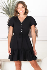 Malila Mini Dress - V Neck Pull Tie Waist Dress with Cap Sleeves in Black