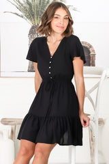 Malila Mini Dress - V Neck Pull Tie Waist Dress with Cap Sleeves in Black