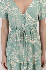 Rosane Mini Dress - Cap Sleeve A Line Dress with Pull Tie Waist in Havanna Print Green