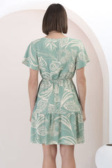 Malila Mini Dress - Cap Sleeve A Line Dress with Pull Tie Waist in Havanna Print Green