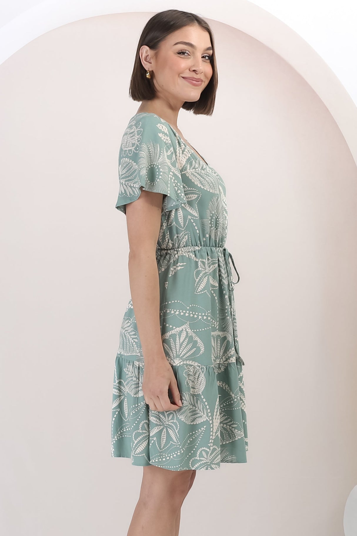 Malila Mini Dress - Cap Sleeve A Line Dress with Pull Tie Waist in Havanna Print Green