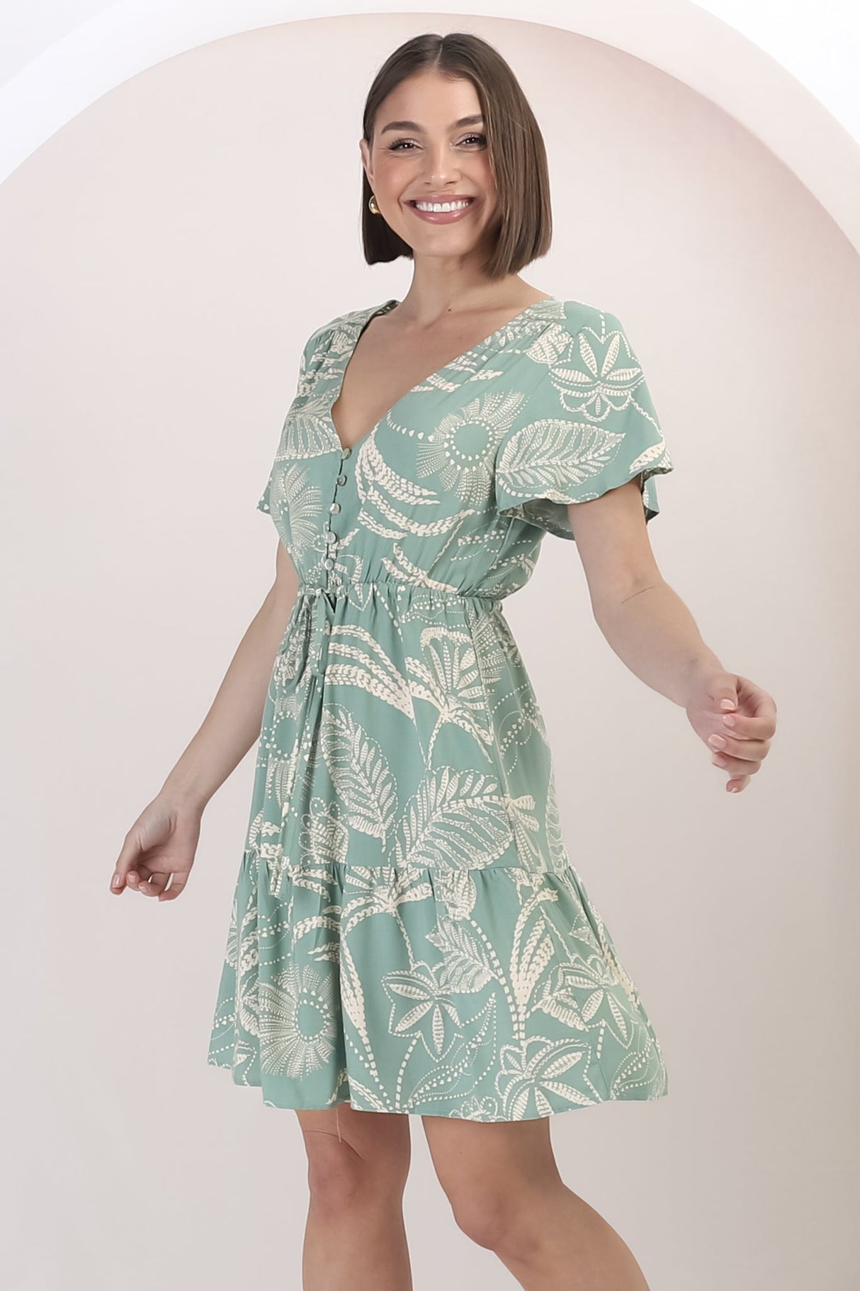 Rosane Mini Dress - Cap Sleeve A Line Dress with Pull Tie Waist in Havanna Print Green