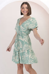 Malila Mini Dress - Cap Sleeve A Line Dress with Pull Tie Waist in Havanna Print Green