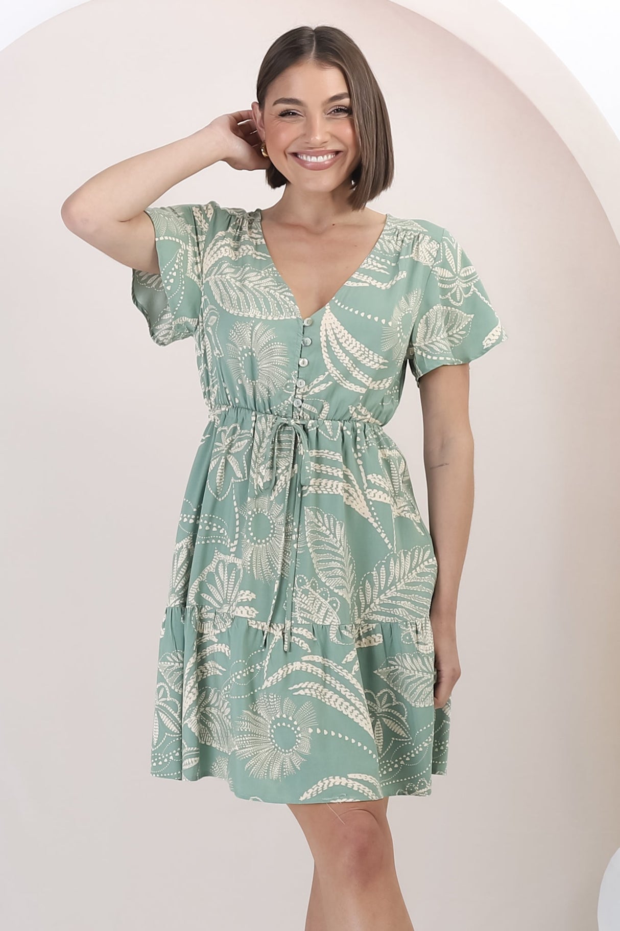 Rosane Mini Dress - Cap Sleeve A Line Dress with Pull Tie Waist in Havanna Print Green