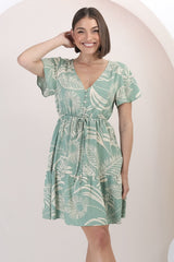 Malila Mini Dress - Cap Sleeve A Line Dress with Pull Tie Waist in Havanna Print Green