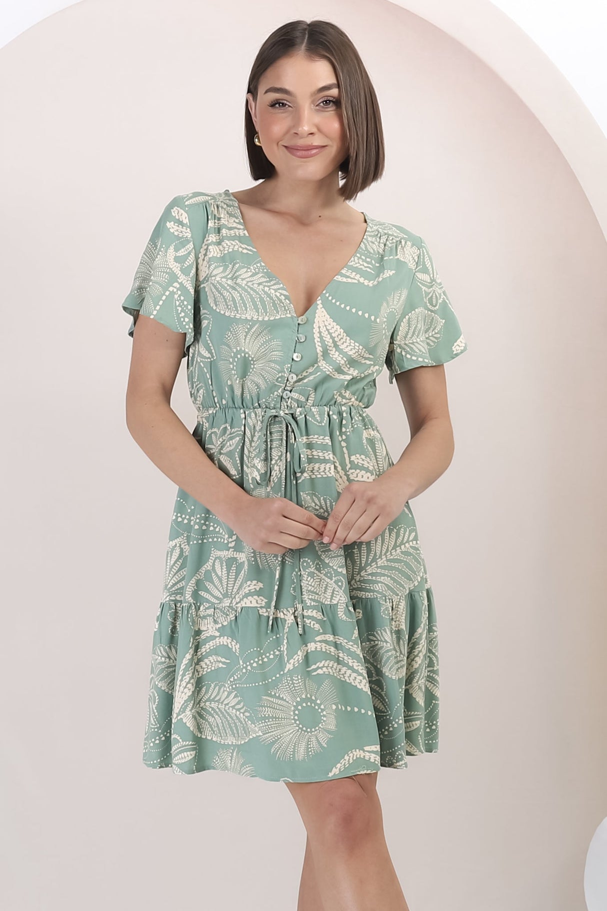 Rosane Mini Dress - Cap Sleeve A Line Dress with Pull Tie Waist in Havanna Print Green