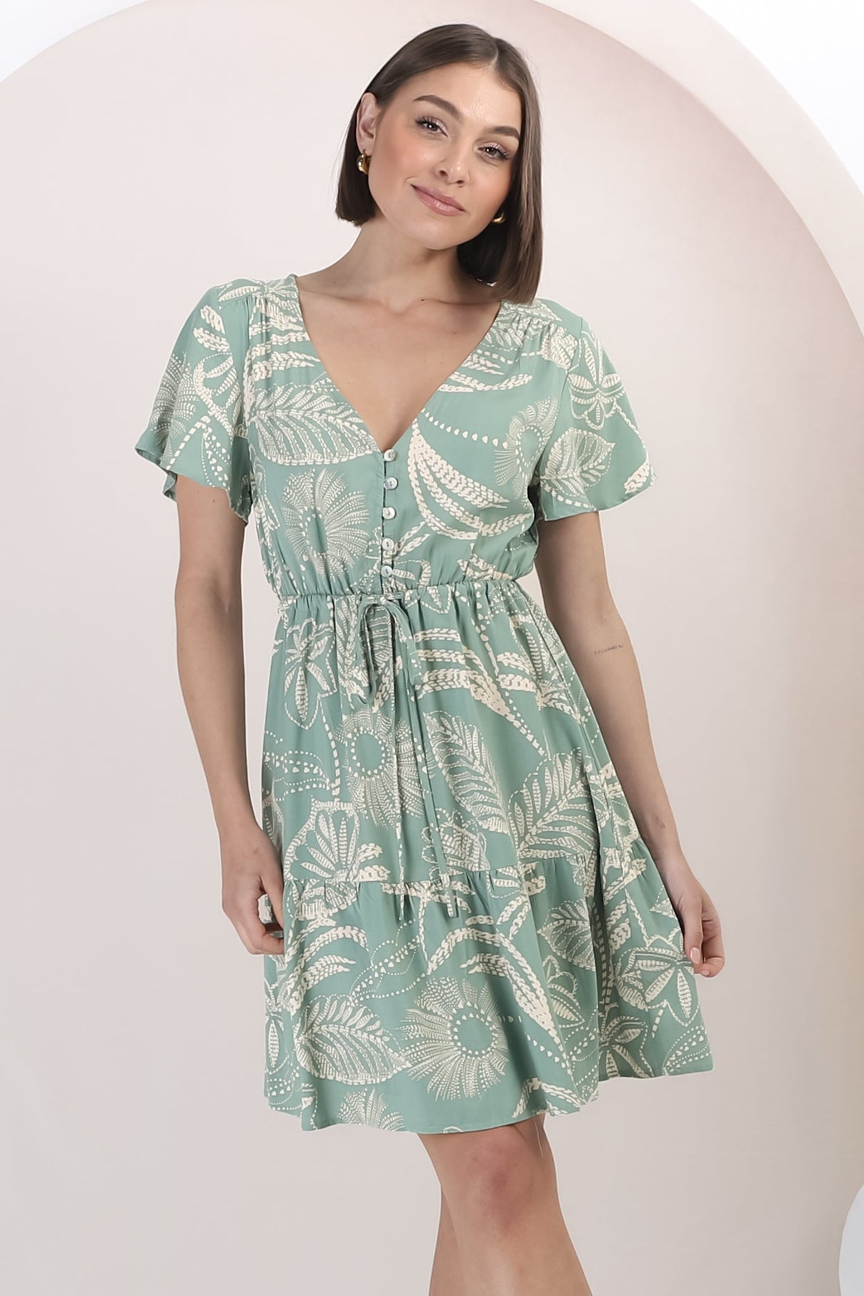 Malila Mini Dress - Cap Sleeve A Line Dress with Pull Tie Waist in Havanna Print Green