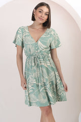 Rosane Mini Dress - Cap Sleeve A Line Dress with Pull Tie Waist in Havanna Print Green