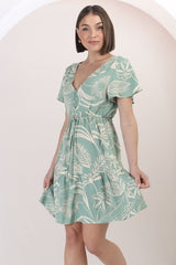 Rosane Mini Dress - Cap Sleeve A Line Dress with Pull Tie Waist in Havanna Print Green