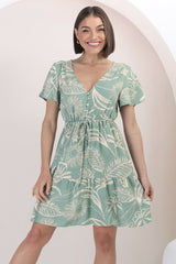 Rosane Mini Dress - Cap Sleeve A Line Dress with Pull Tie Waist in Havanna Print Green