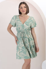 Rosane Mini Dress - Cap Sleeve A Line Dress with Pull Tie Waist in Havanna Print Green