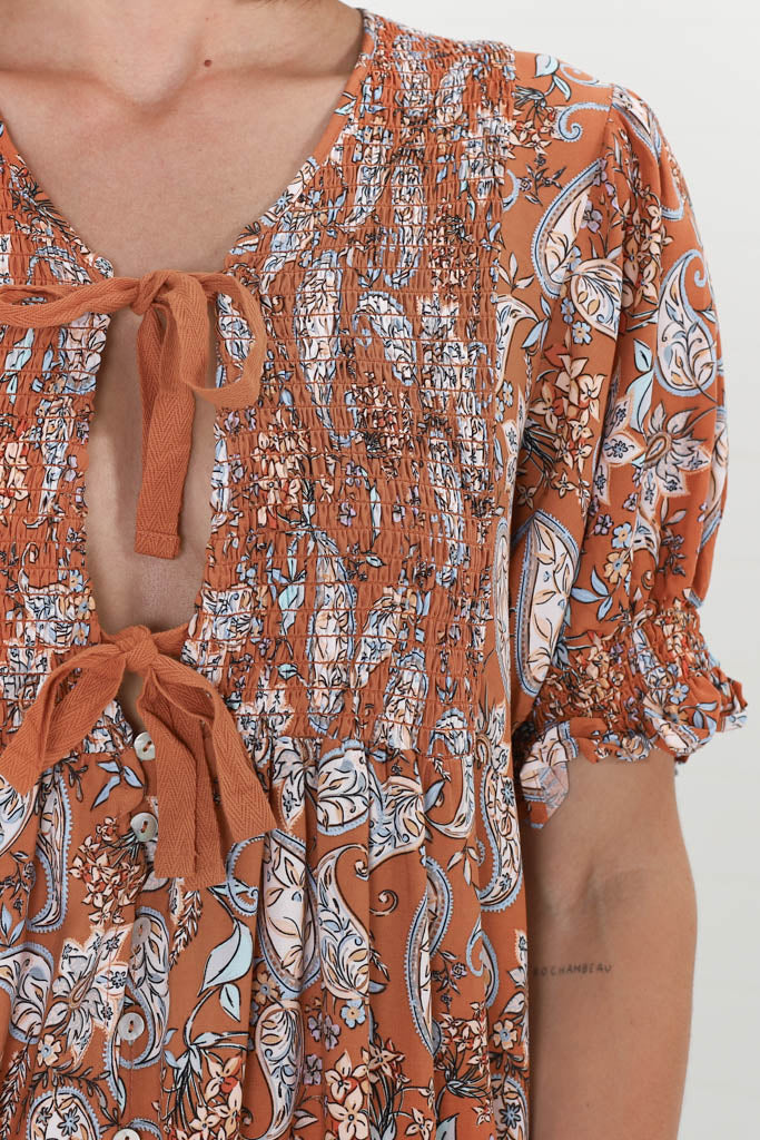 JAASE - Roses Playsuit: Tie at Bust Playsuit in Terracotta Fleetwood Print