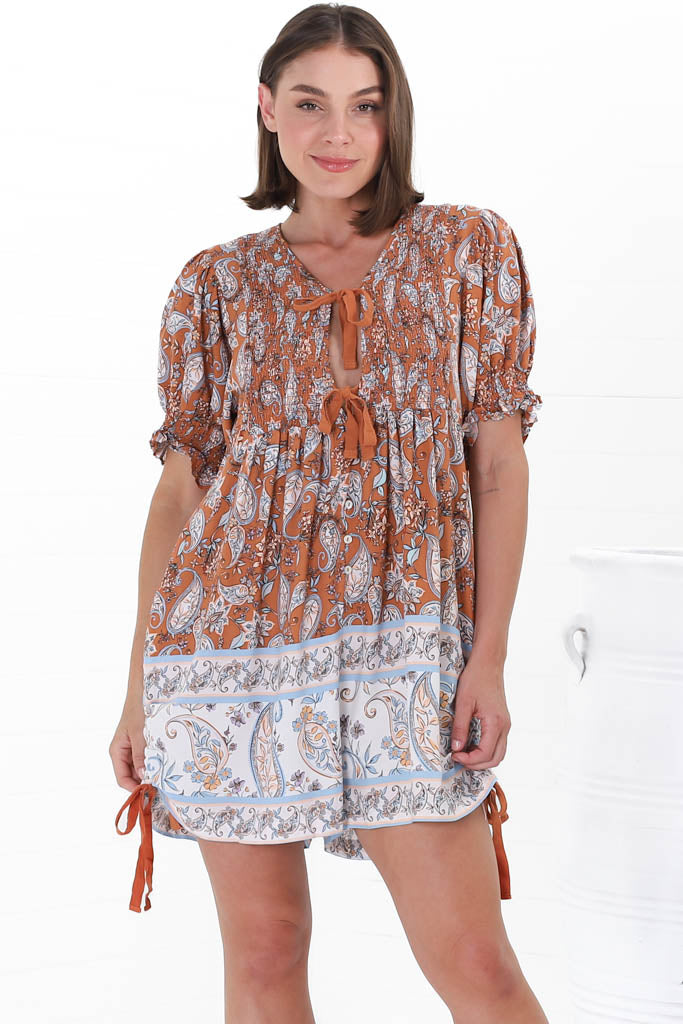 JAASE - Roses Playsuit: Tie at Bust Playsuit in Terracotta Fleetwood Print